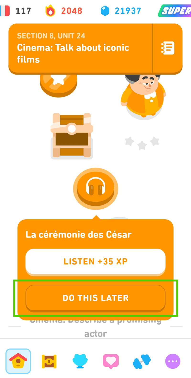 Screenshot displaying the app’s learning path. An icon on the path with an image of headphones is selected, giving the user two options: “Listen +35 XP” or “Do this later.” “Do this later” is highlighted in green.