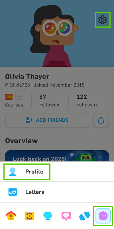 Screenshot displaying the profile section of the app. The icon with three dots is highlighted in green, indicating “More options.” The “Profile” tab and its icon of a blue silhouette of a person is also highlighted. In the top right corner, the gear icon indicating “Settings” is highlighted.