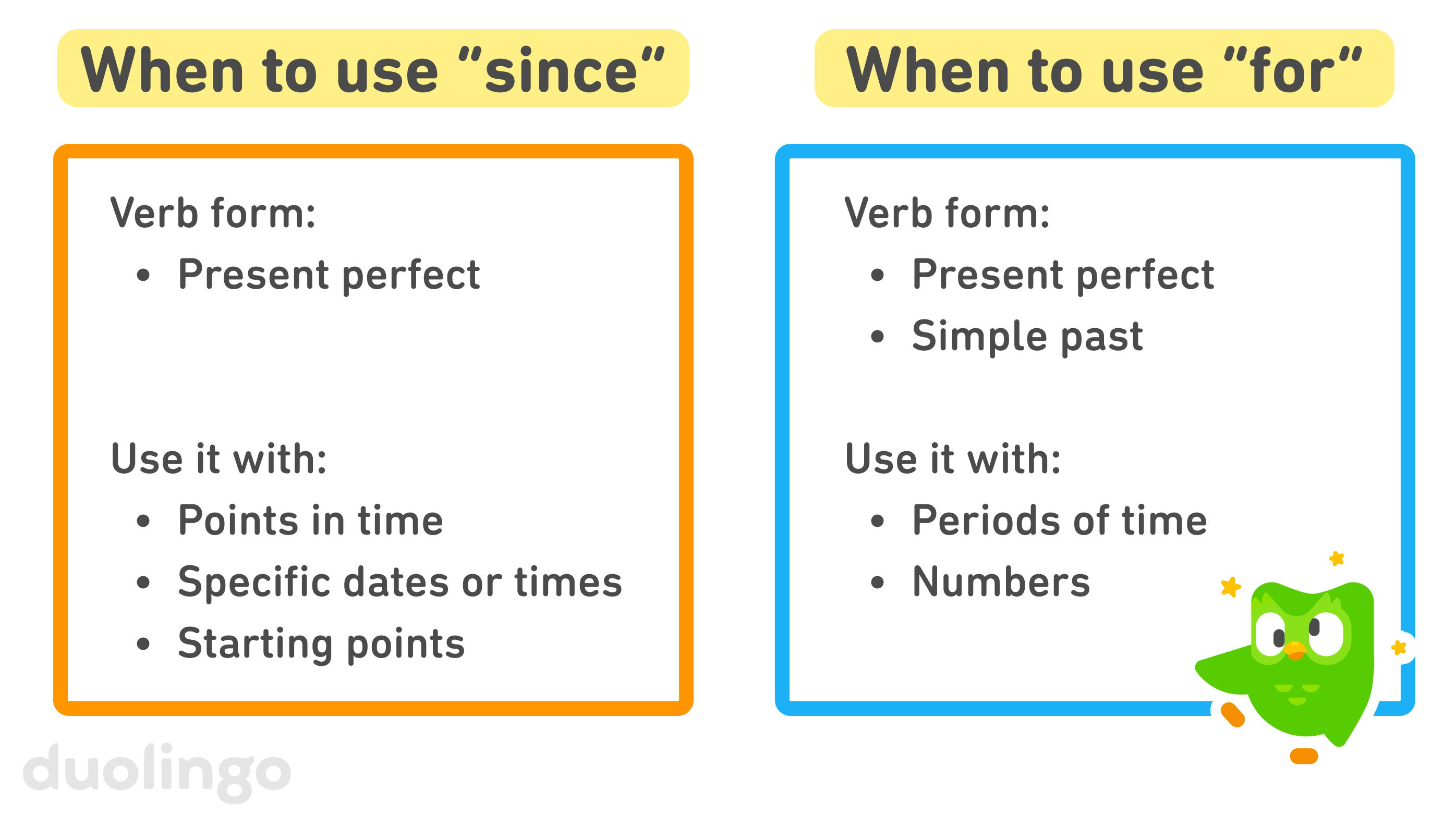 Chart of the uses of the English preposition “since” and the uses of the English preposition “for,” with a dizzy Duo the owl in the bottom corner. “Since” is used with the present perfect and with points in time, specific dates or times, and starting points. “For” is used with the present perfect and the simple past and with periods of time and numbers.