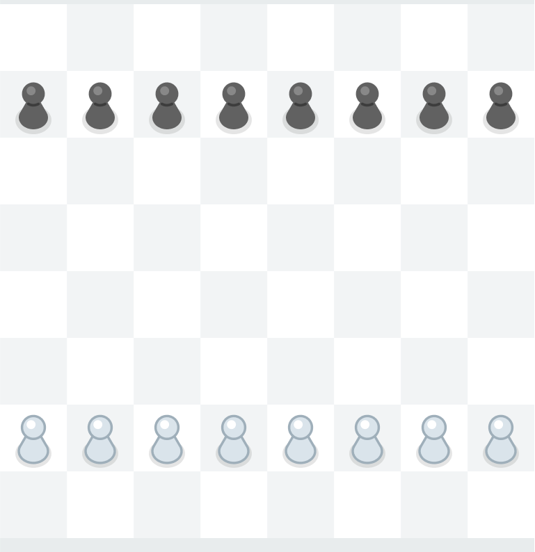 Chess board showing pawns arranged in a straight line across the second row for each player, with black pawns on the second row from the top and white pawns on the second row from the bottom.