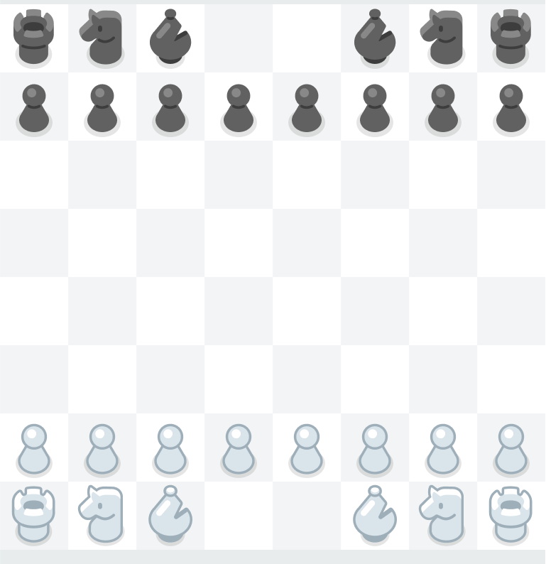 Chess board showing rooks in the corners, knights next to them, and bishops placed beside the knights on the first row, with pawns lined up on the second row for each player—black at the top, white at the bottom.