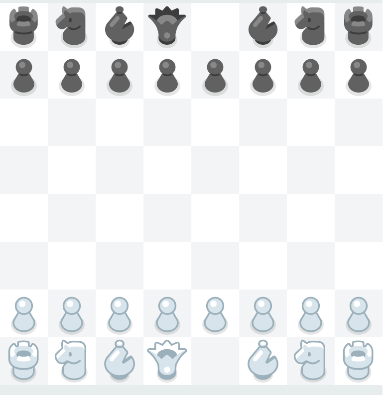 Chess board showing rooks, knights, and bishops on the first row, with the queen placed on the center square of her own color, and pawns lined up on the second row for each player—black at the top, white at the bottom.