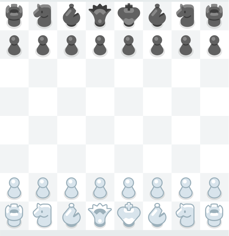 Fully set chess board showing all pieces in their starting positions: rooks in the corners, knights next to rooks, bishops next to knights, the queen on her own color, the king beside the queen, and pawns filling the second row—black at the top, white at the bottom.