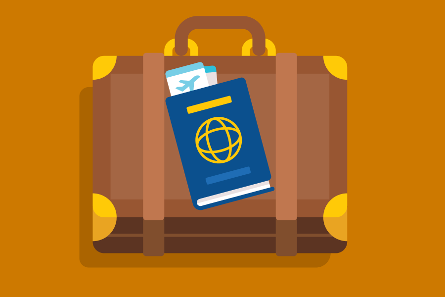 Ilustração de uma mala com um passaporte e passagens de avião sobre ela.