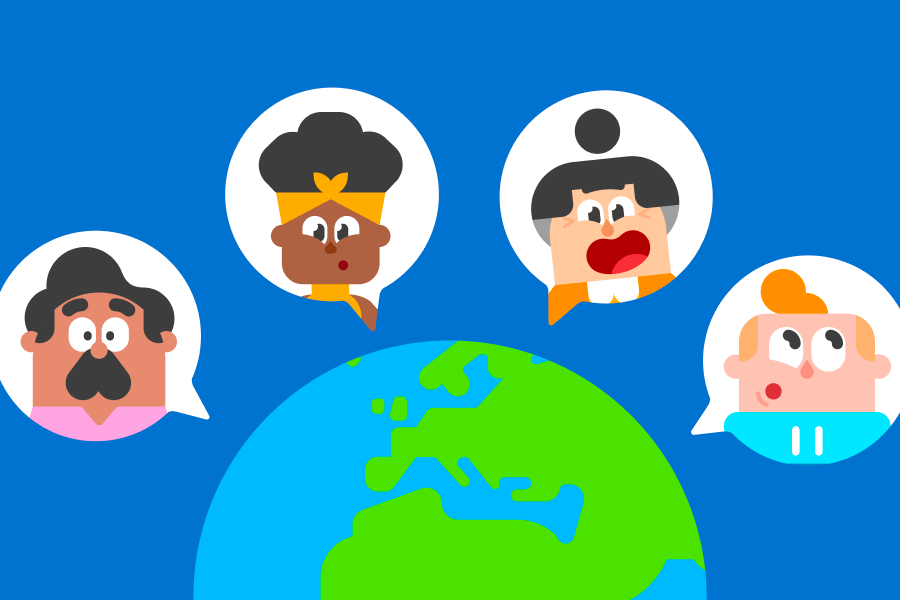 Illustration of planet Earth with Oscar, Bea, Lucy, and Junior looking surprised in speech bubbles above different parts of the globe