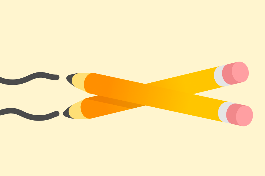 Zwei Bleistifte, die sich in Form eines X kreuzen, jeder mit einer wellenförmigen Schreiblinie