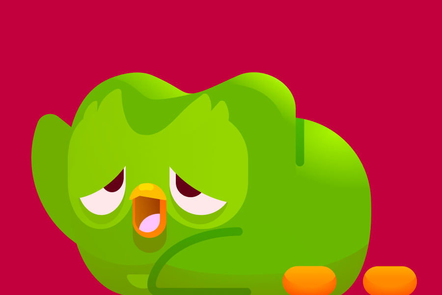 フクロウのデュオが、非常に疲れた様子で床を這っているイラスト。