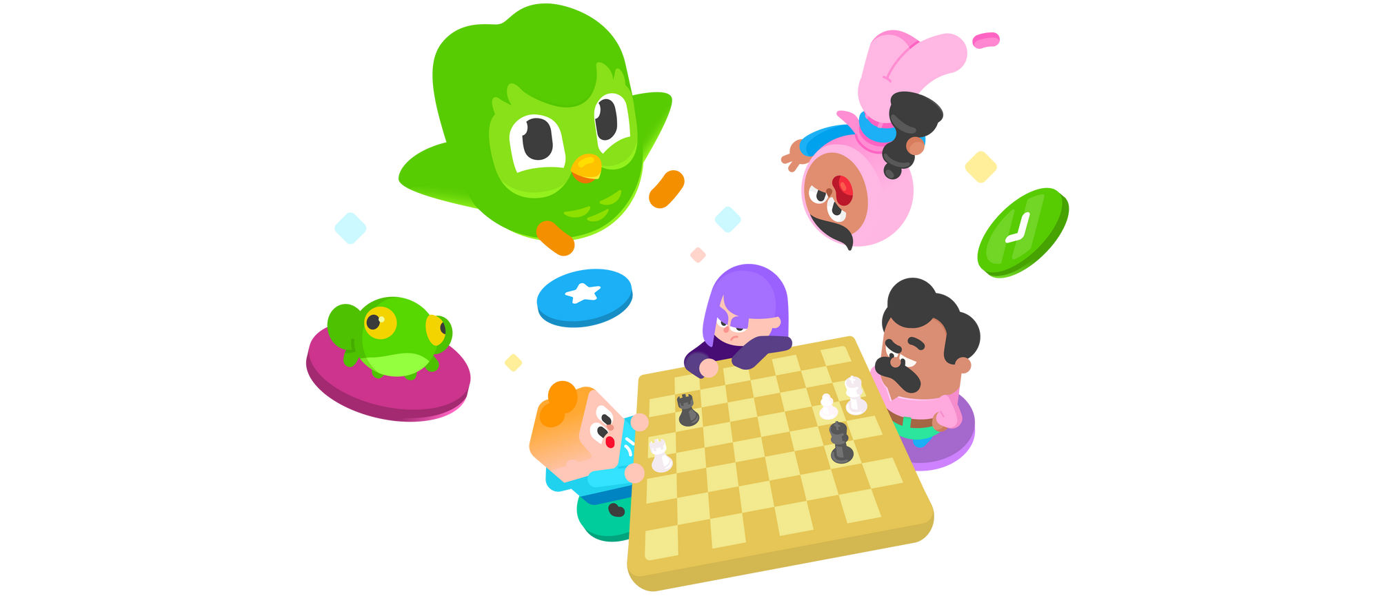 Illustration of Lily, Junior, and Oscar around a chess board, with Duo, Zari, and Duolingo path icons (and a frog?!) floating above them.