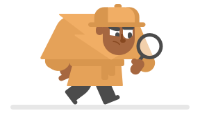 トレンチコートと帽子をかぶった探偵の格好をした男性が前かがみになり、片手に持っている虫眼鏡越しをのぞき込んでいるイラスト。