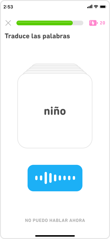 Imagen de las nuevas Fichas. Las palabras en español aparecen una a la vez en cada ficha, y una onda sonora azul se ilumina debajo de cada una cuando el usuario la traduce al inglés. Cuando la respuesta es correcta, la ficha se vuelve verde y aparece la siguiente.