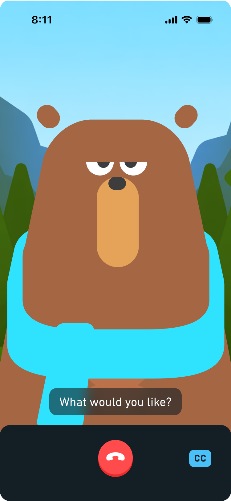 텍스트: 팔스타프와의 영상 통화 스크린샷. 곰인 팔스타프는 진지한 표정으로 학습자를 마주하고 있다. 아래 캡션에는 영어로 된 질문, 