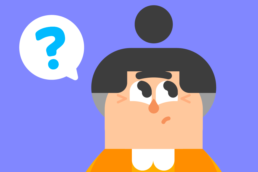 Illustration von Lucy, die verunsichert aussieht, mit einem Fragezeichen neben ihrem Kopf.