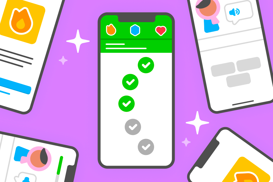 Cartoon screenshots of a Duolingo language course, including lessons and streaks and the main course path at center