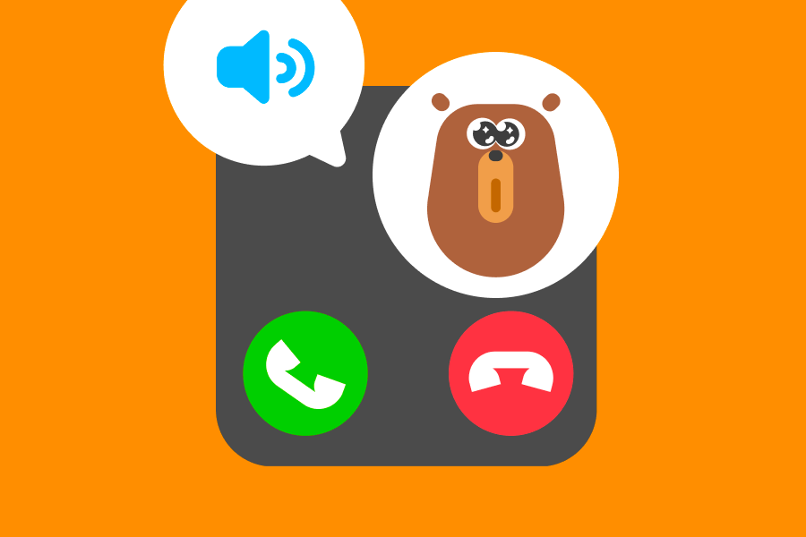  Falstaff, el oso de Duolingo, aparece en la pantalla de un teléfono junto con un ícono de altavoz, mientras entra una llamada