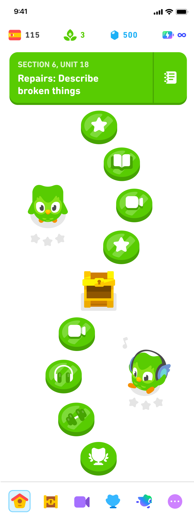 Series of nodes in a mini-unit in the Duolingo learning path. A series of eight nodes with different symbols (a star, a book, a video camera, headphones, etc.) cascades down the screen.