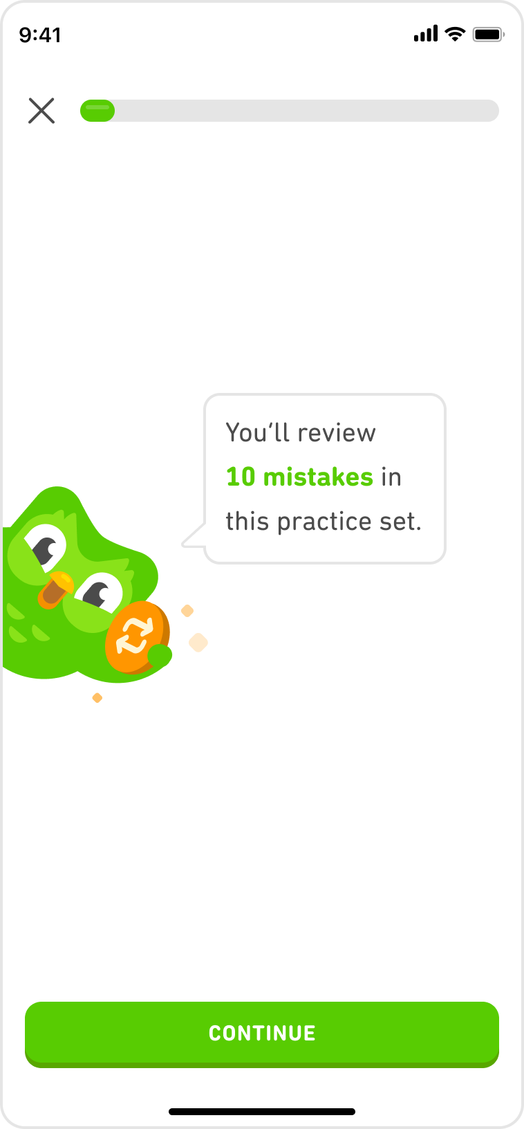 A Duolingo lesson screen at the beginning of a mistake review, with Duo the owl saying “You’ll review 10 mistakes in this practice set.”