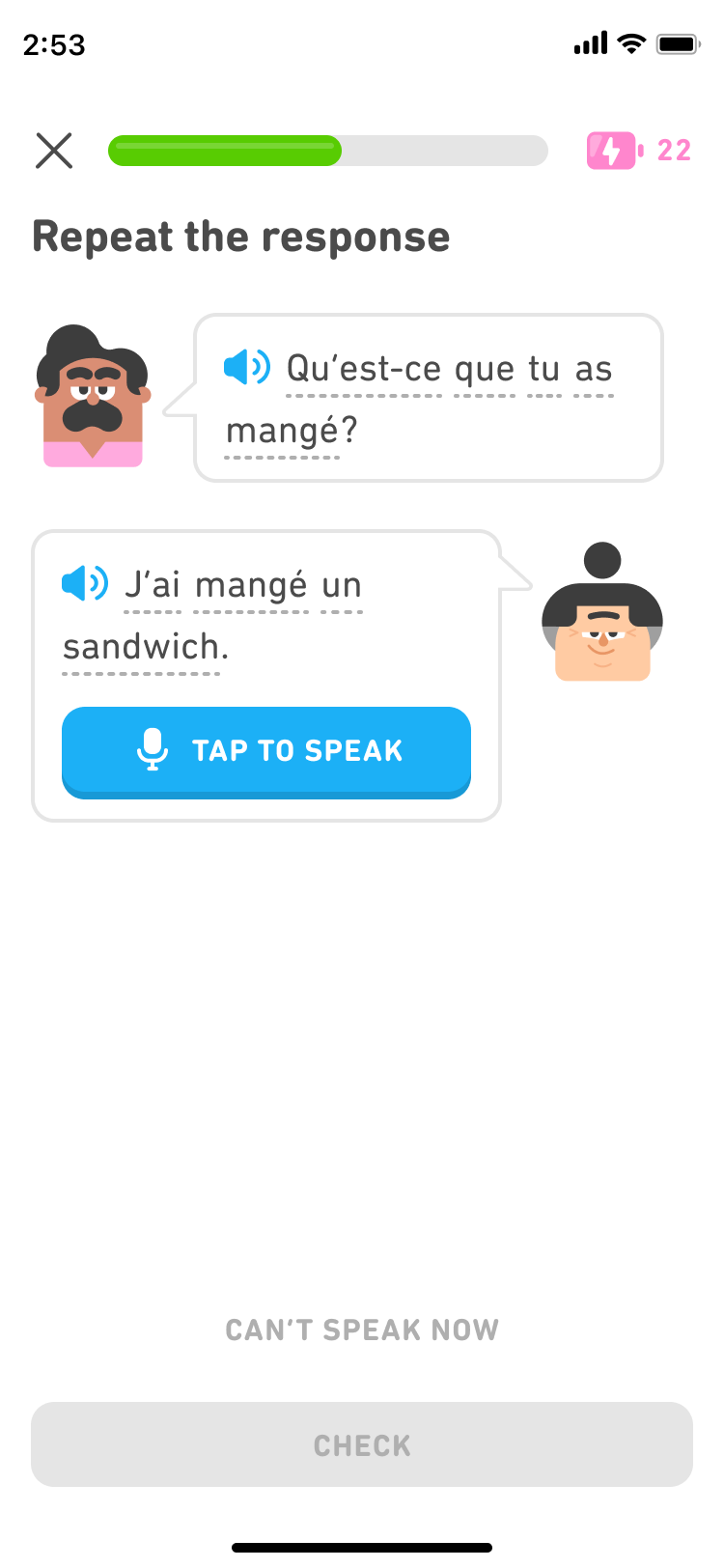Screenshot of a dialogue speaking exercise with two Duolingo characters. Oscar is next to a speech bubble with a question in French, and below is Lucy next to a speech bubble with her response in French. At the bottom of her speech bubble is a blue button with a microphone that says “Tap to speak.”