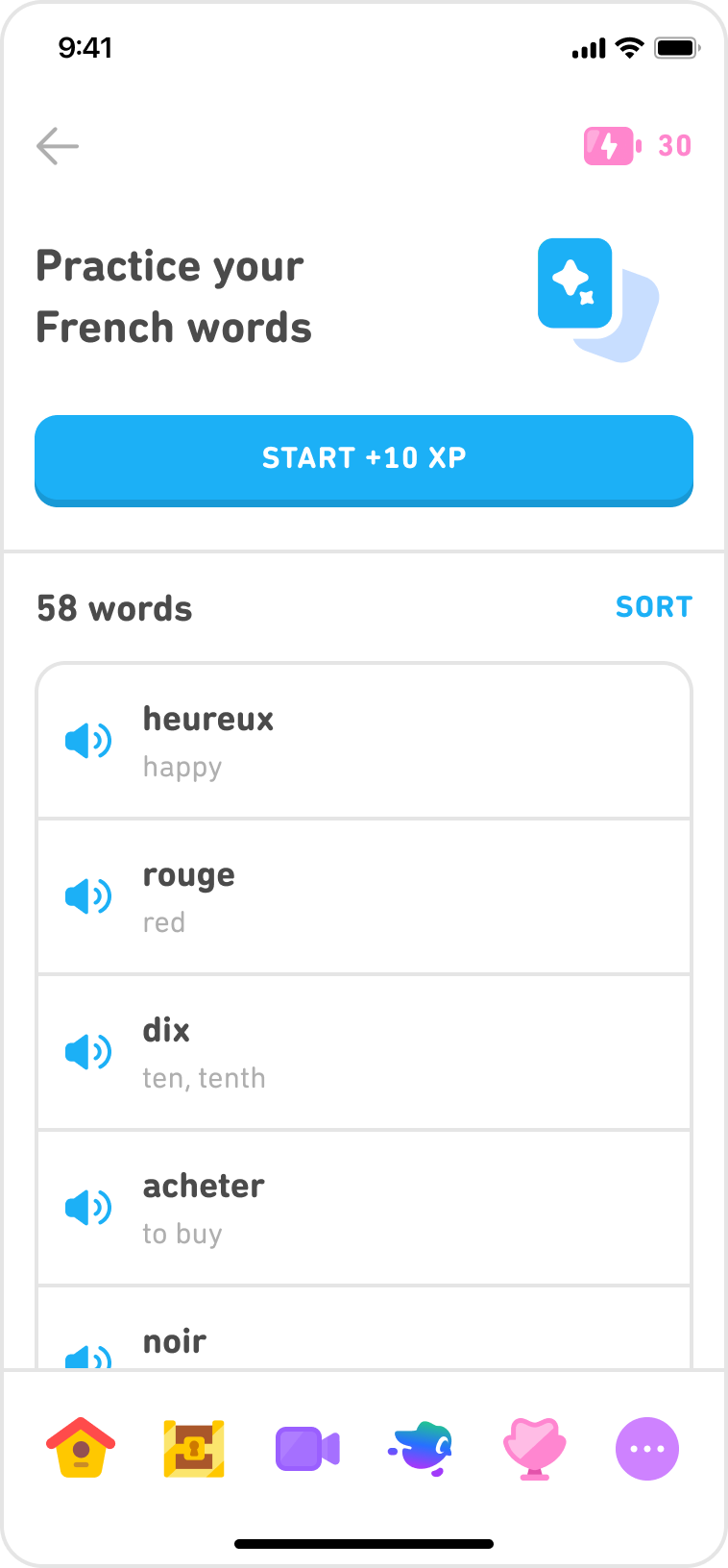 A Practice screen inviting the learner to “Practice your French words” for 10XP. There are 58 vocabulary words in French available to practice. 
