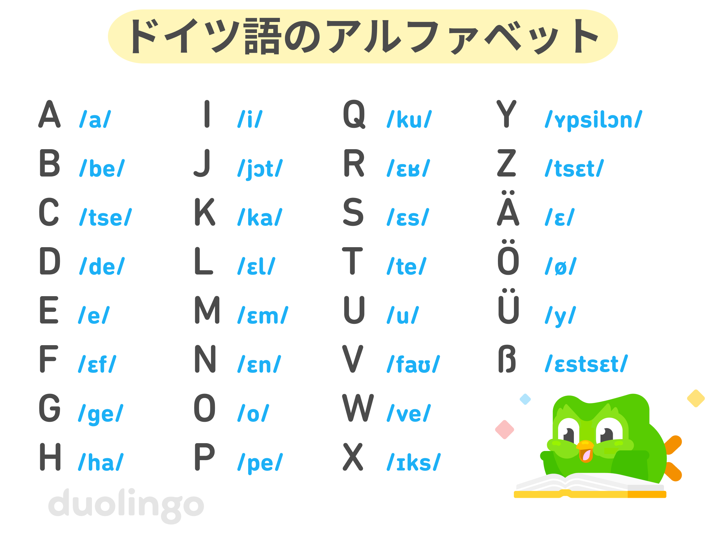 本を面白そうに読んでいるフクロウのデュオのイラストと、ドイツ語アルファベットの表。30文字が、それぞれの発音を示す国際音声記号とともに一覧になっている。一覧は次の通り。A /a/、B /be/、C /tse/、D /de/、E /e/、F /ɛf/、G /ge/、H /ha/、I /i/、J /jɔt/、K /ka/、L /ɛl/、M /ɛm/、N /ɛn/、O /o/、P /pe/、Q /ku/、R /ɛʁ/、S /ɛs/、T /te/、U /u/、V /faʊ/、W /ve/、X /ɪks/、Y /ʏpsilɔn/、Z /tsɛt/、Ä /ɛ/、Ö /ø/、Ü /y/、 ß /ɛstsɛt/。