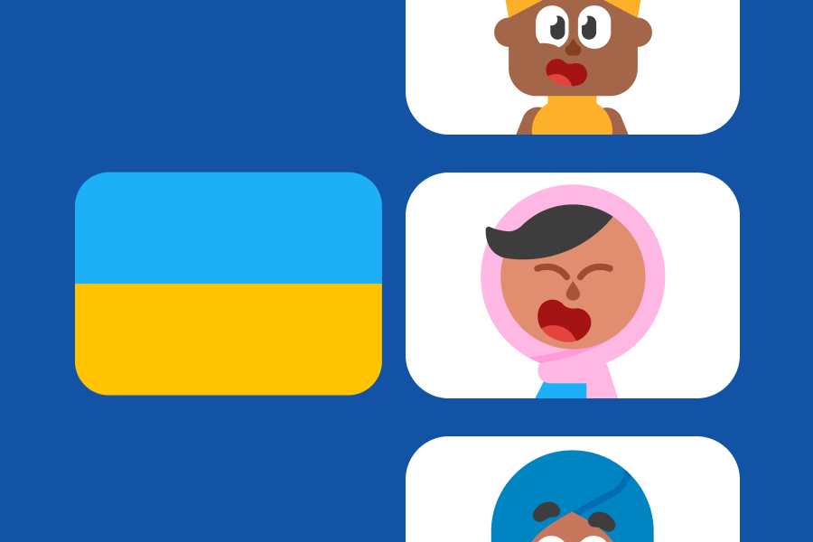 Abbildung der ukrainischen Fahne sowie rechts daneben Bea, Sari und Vikram