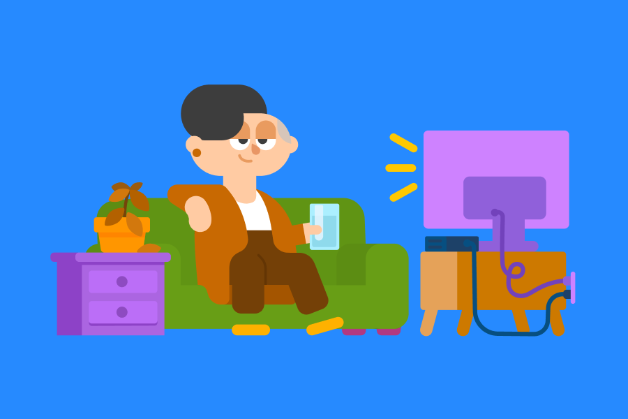 Ilustração da Lin sentada no sofá com um copo d’água na mão, vendo TV e relaxando.