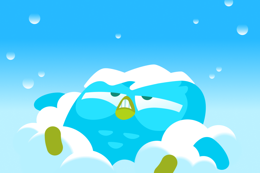 Ilustração do Duo, azul e coberto de neve, encarando um céu azul e frio.