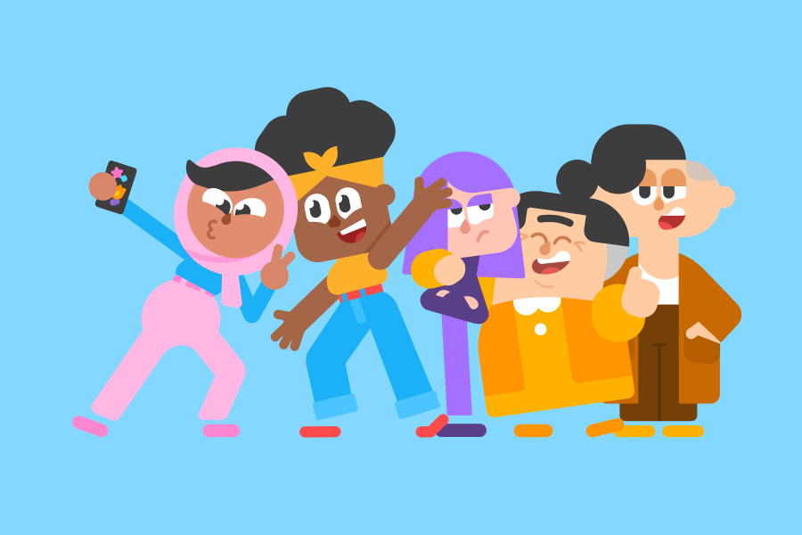 ザリ、ビー、リリー、ルーシー、リンが自撮りをする様子を描いたイラスト。