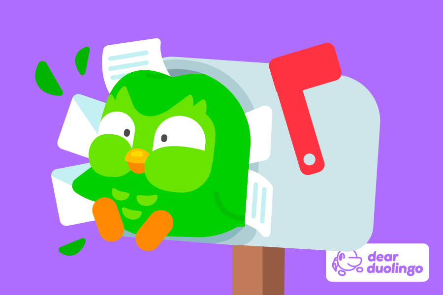 Illustration of Duo bursting from a mailbox filled with letters with the “Dear Duolingo” logo in the corner