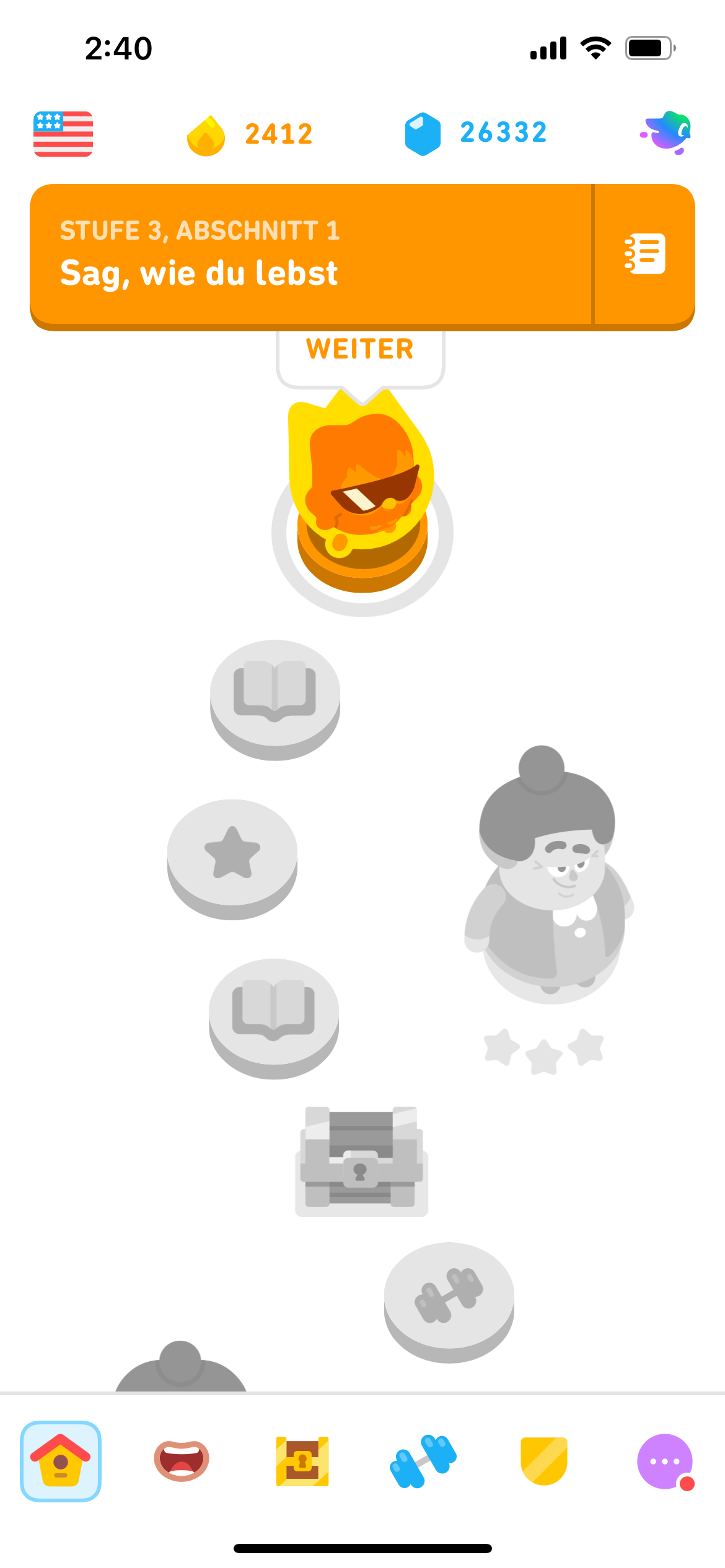 Screenshot des Duolingo-Lernpfads, der den bevorstehenden Teil eines Abschnitts des Englischkurses zeigt.