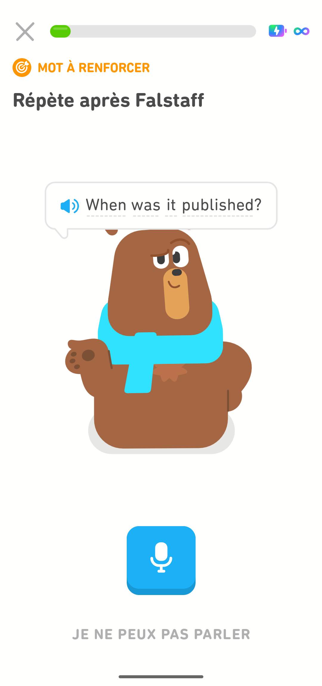 Capture d’écran montrant un exercice d’expression orale avec une phrase en anglais