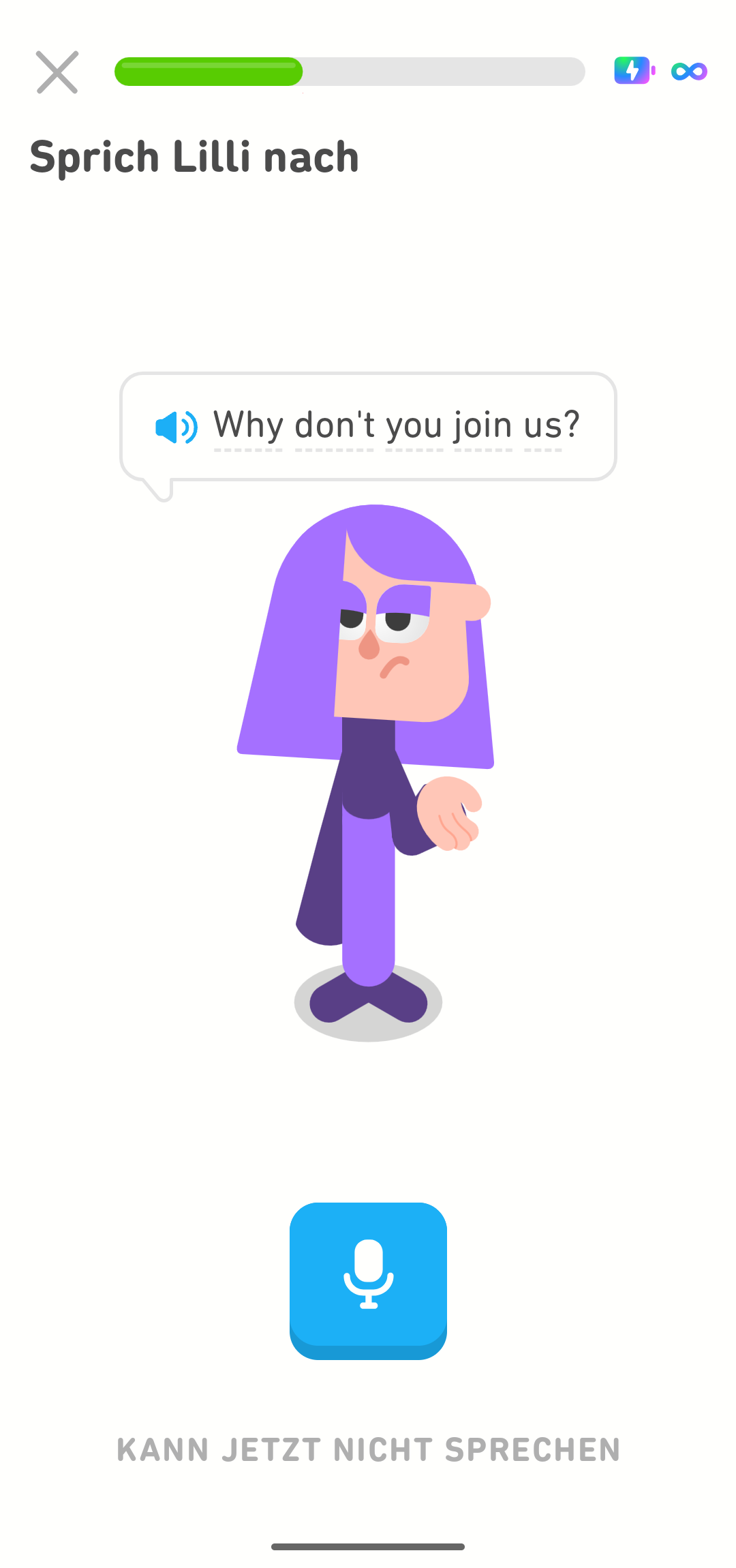 Screenshot, der eine Sprechübung für einen englischen Satz zeigt