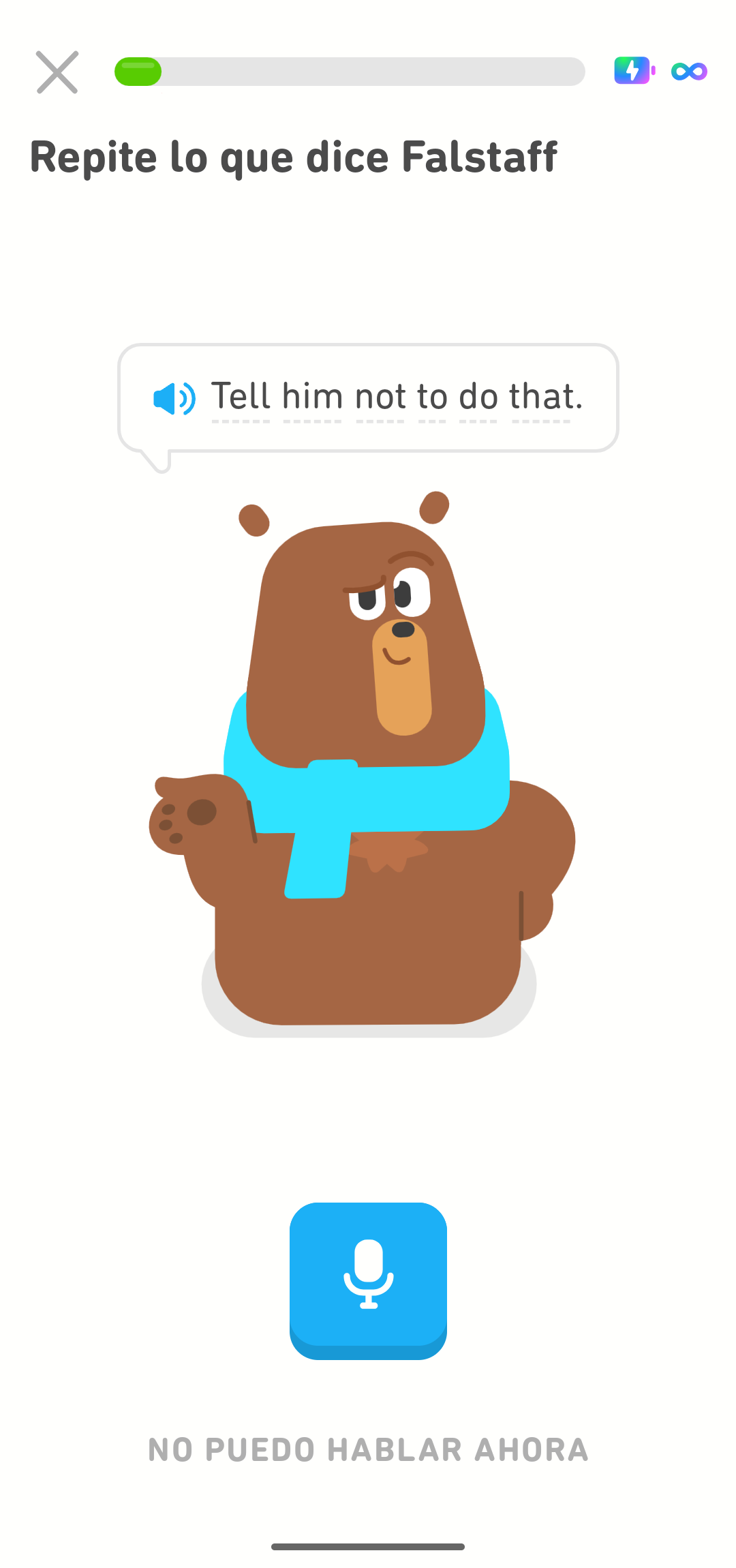 Captura de pantalla que muestra un ejercicio de pronunciación de una oración en inglés