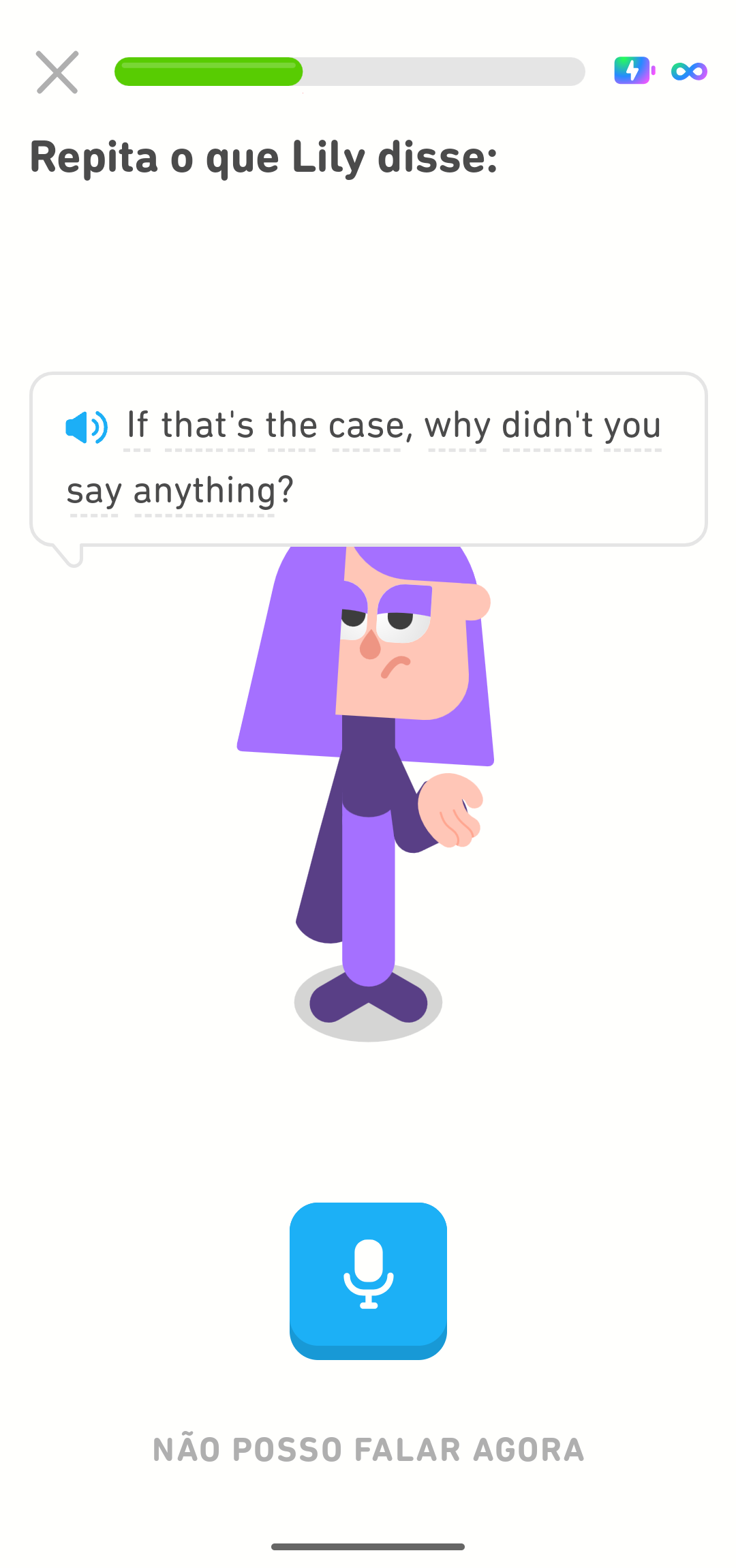 Captura de tela mostrando um exercício de fala com uma frase em inglês.