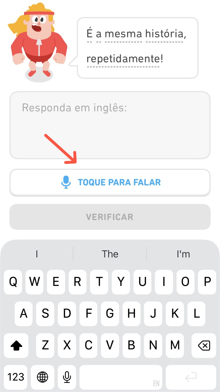 Captura de tela de uma frase em português a ser traduzida para o inglês, seja usando o teclado ou com a opção “toque para falar”.