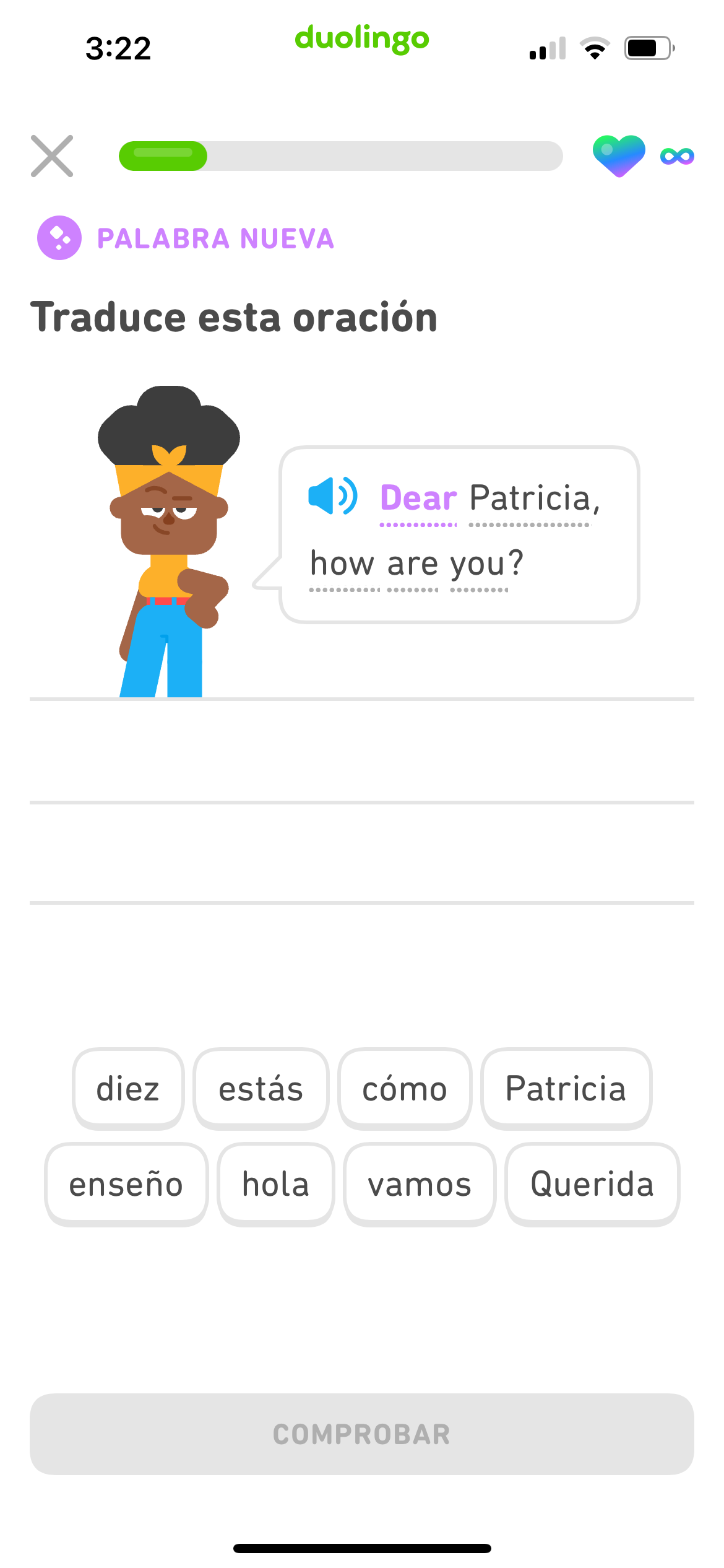 Captura de pantalla de una oración en inglés de un ejercicio. Todas las palabras de la oración están en la fuente normal, excepto 