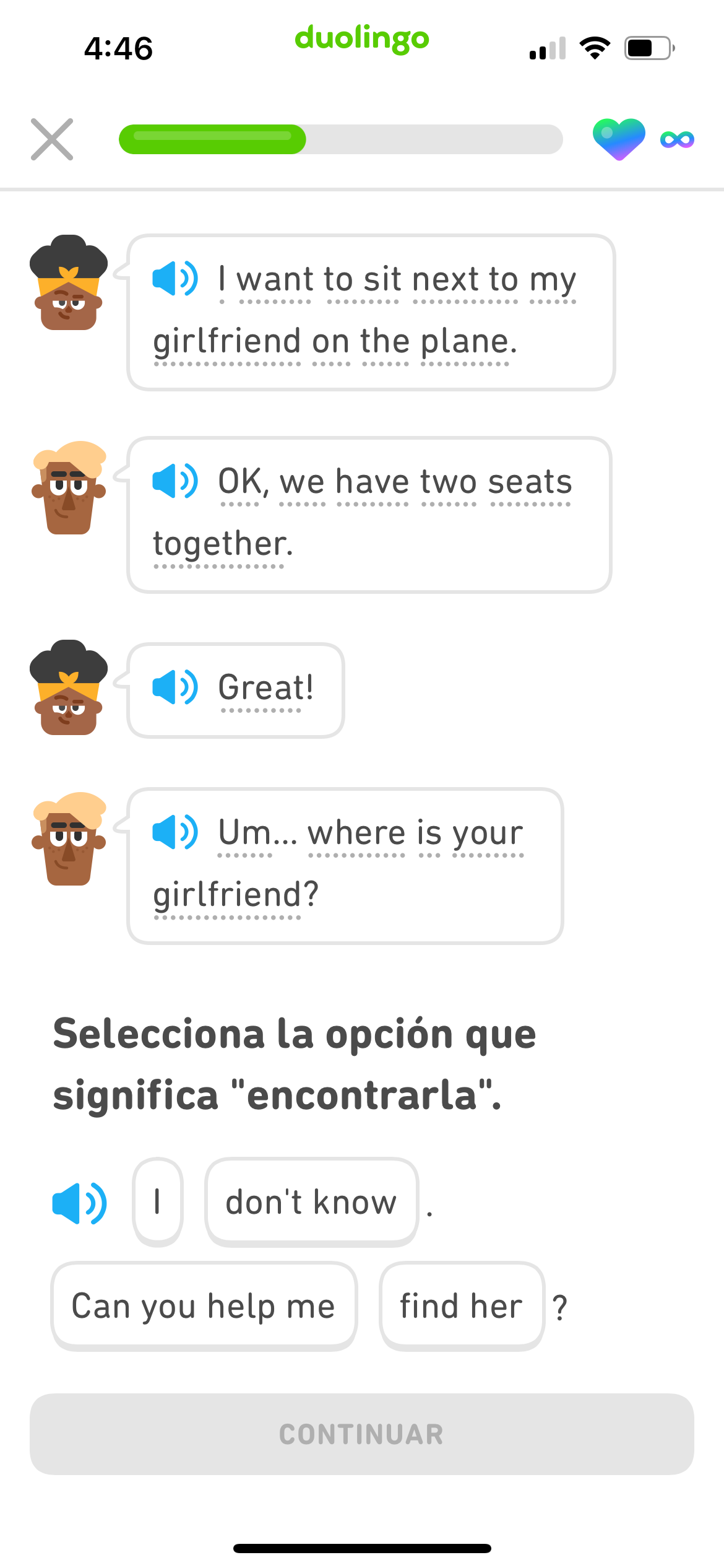 Captura de pantalla de un Cuento en inglés seguido por un ejercicio en el que se le pide al usuario que seleccione la opción que significa “encontrarla”. Las opciones son “I” “don’t know”, “Can you help me” y “find her”.