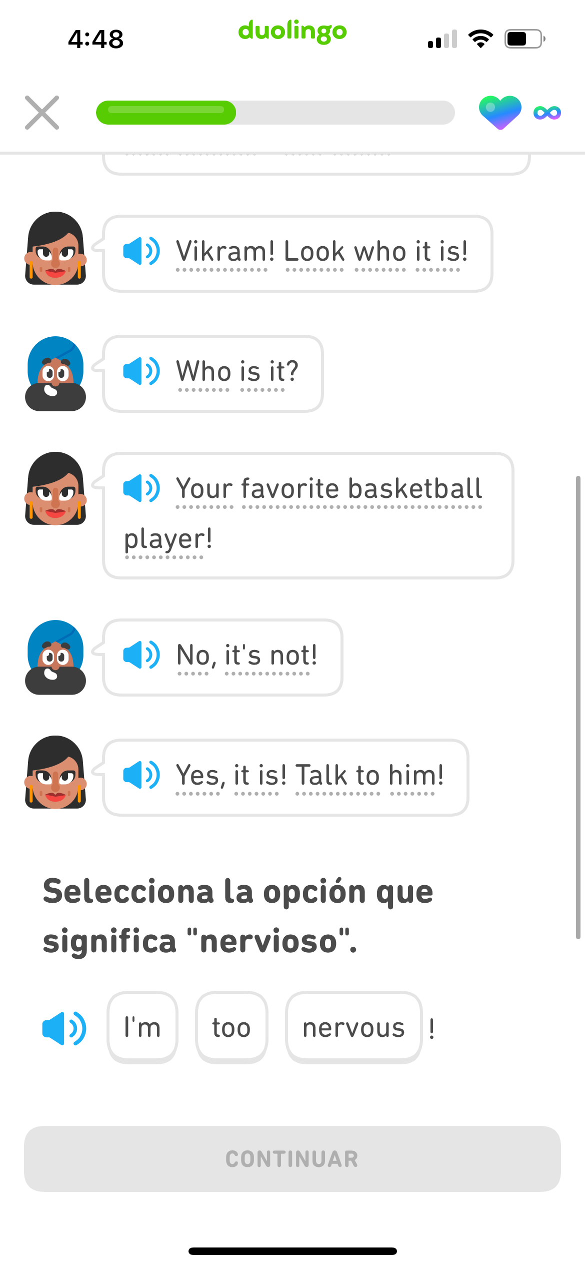 Captura de pantalla de parte de un Cuento en inglés, seguida por un ejercicio en el que se pide al usuario que seleccione cuál de las palabras o frases en francés significan 