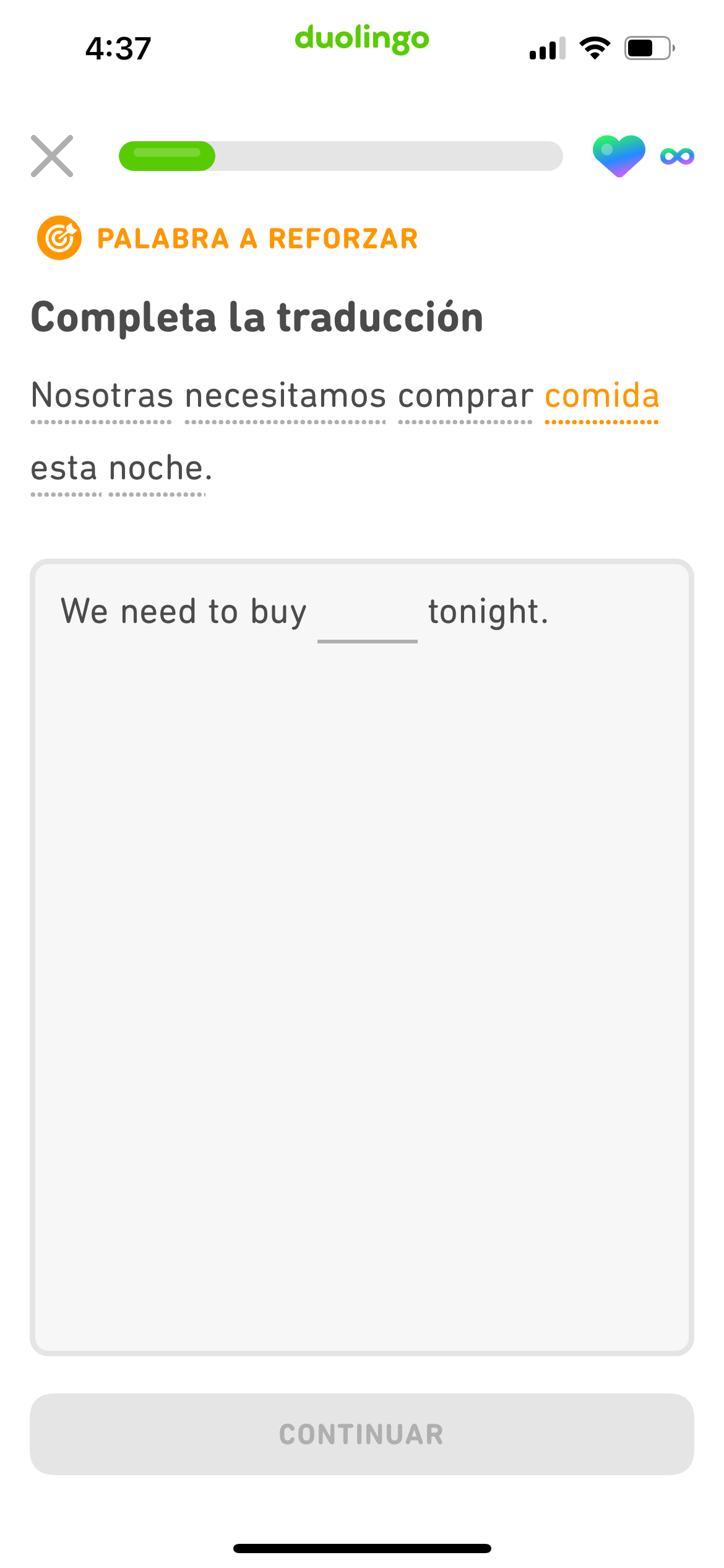 Captura de pantalla de una lección de práctica personalizada con un ejercicio marcado como 