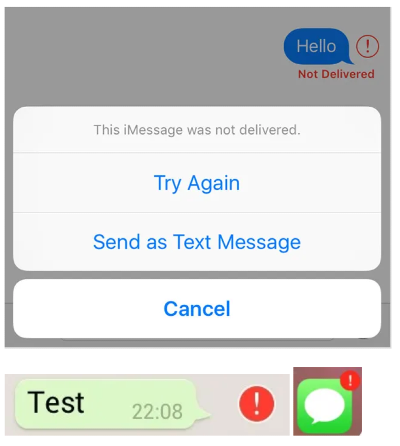 iMessage error dialogs showing failed message delivery.