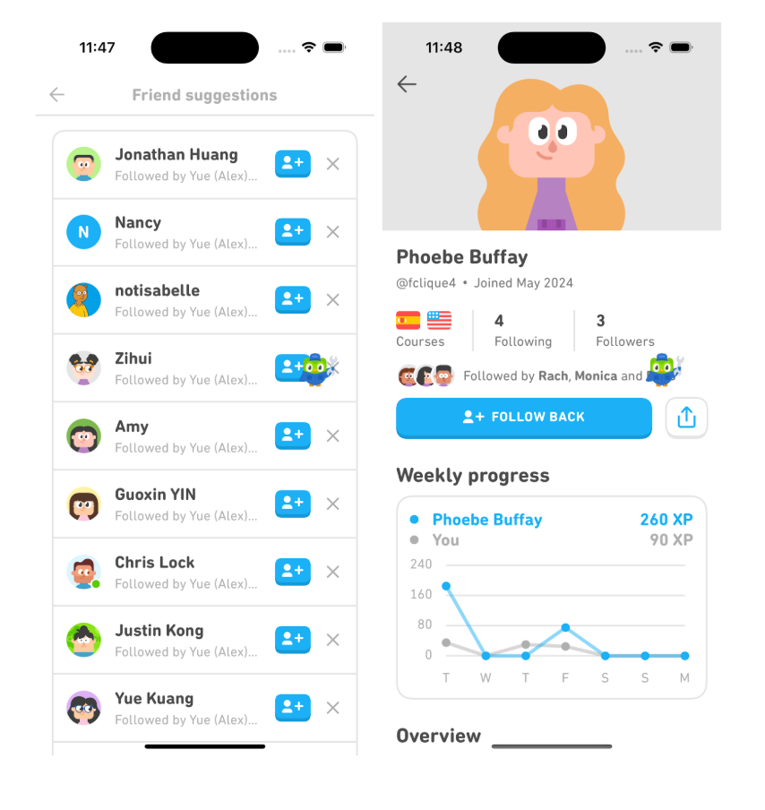 Duolingo friend suggestions list and profile screen with follow and follow-back buttons updating instantly.