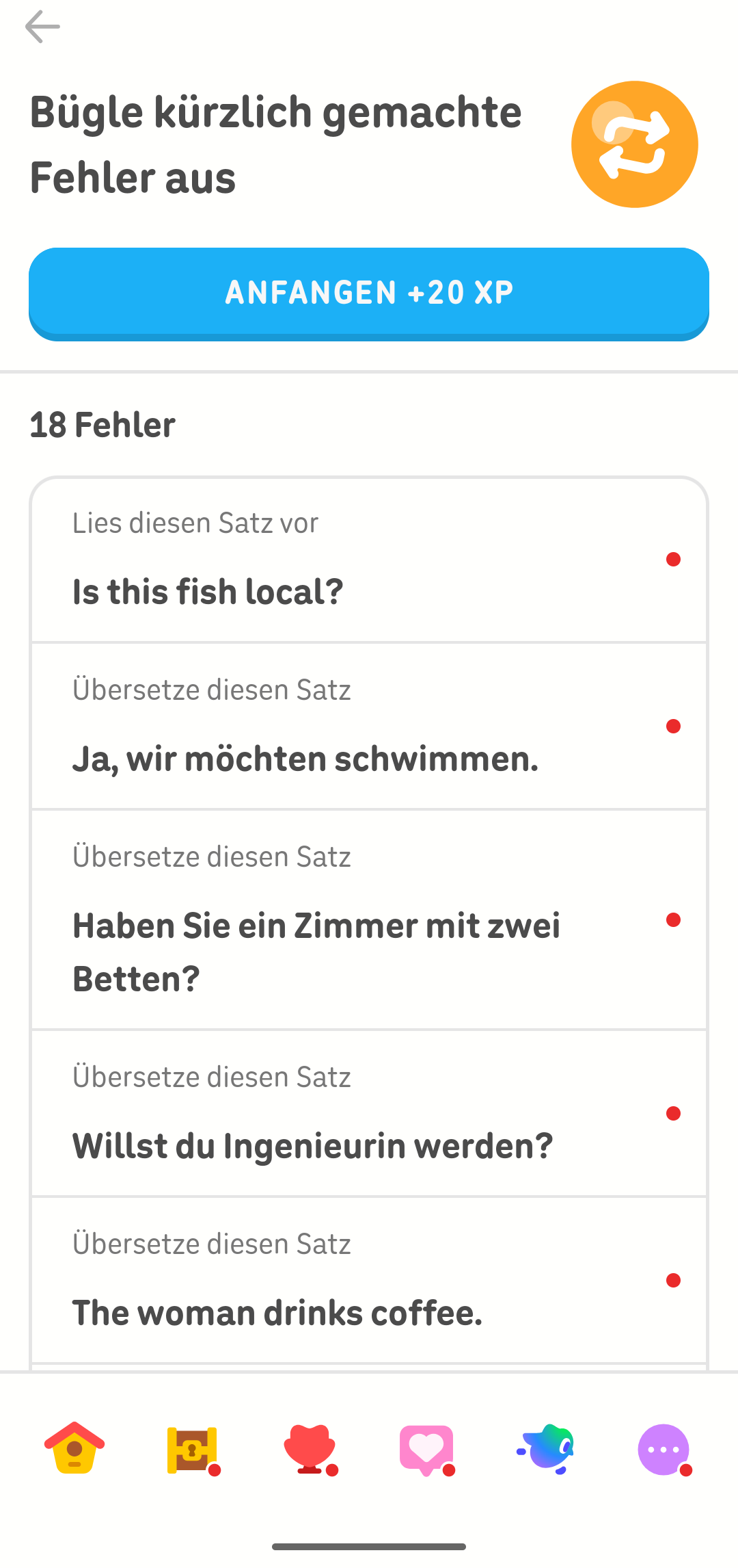 Ein Screenshot zeigt das Menü zum Verbessern von Fehlern, in dem mehrere Übungen aus den Lektionen aufgelistet sind, die wiederholt werden können.