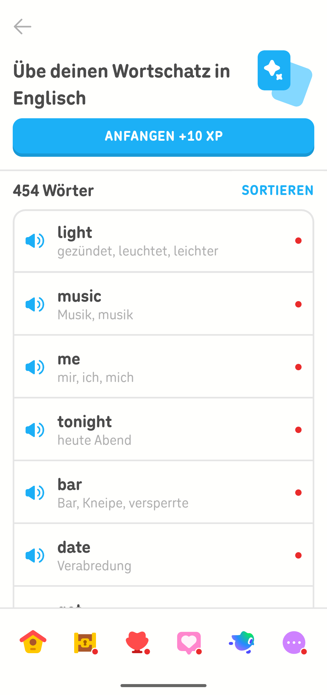 A Practice screen inviting the learner to “Ein Screenshot aus dem Übungscamp mit der Überschrift „Übe deinen Wortschatz in Englisch“. Es stehen 454 englische Wörter zum Üben zur Verfügung und man erhält für eine Übungssitzung 10 XP.