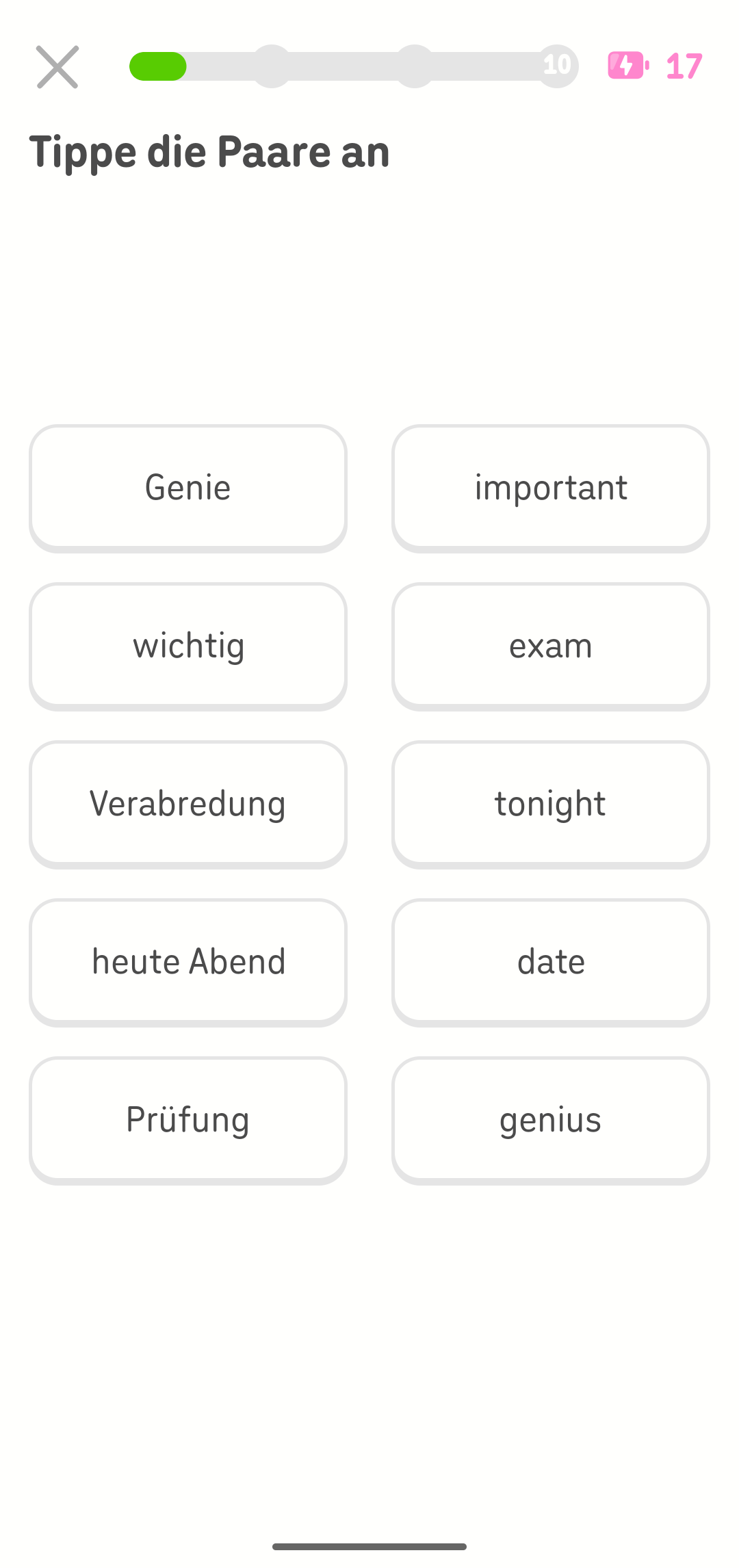 Eine Duolingo-Übung, bei der die Lernenden ein deutsches Wort aus der linken Spalte dem passenden englischen Begriff in der rechten Spalte zuordnen.