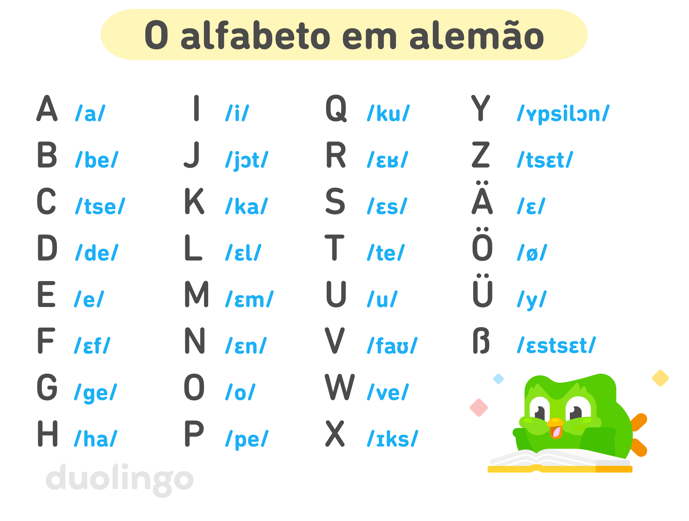 Quadro com o alfabeto em alemão. As 30 letras são acompanhadas das suas respectivas transcrições no alfabeto fonético internacional, que indica como elas são pronunciadas: A /a/, B /be/, C /tse/, D /de/, E /e/, F /ɛf/, G /ge/, H /ha/, I /i/, J /jɔt/, K /ka/, L /ɛl/, M /ɛm/, N /ɛn/, O /o/, P /pe/, Q /ku/, R /ɛʁ/, S /ɛs/, T /te/, U /u/, V /faʊ/, W /ve/, X /ɪks/, Y /ʏpsilɔn/, Z /tsɛt/, Ä /ɛ/, Ö /ø/, Ü /y/ e ß /ɛstsɛt/. Duo, a coruja, está deitado sobre um livro aberto, parecendo animado.