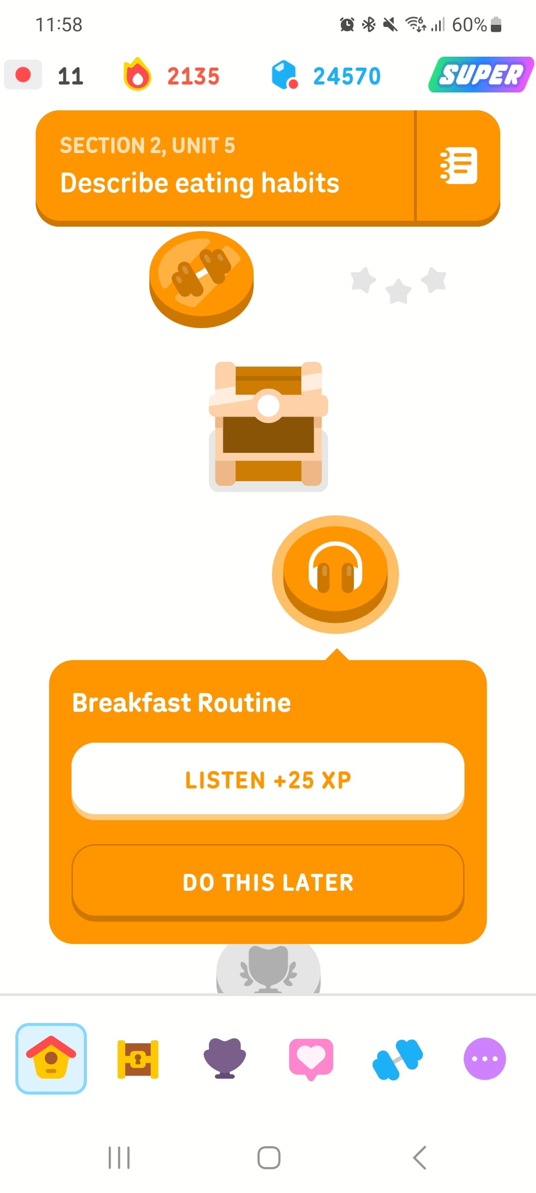 Screenshot of the Duolingo Japanese course. The user has selected a DuoRadio icon called “Breakfast Routine,” and the options presented are “LISTEN +25 XP” and “DO THIS LATER.”