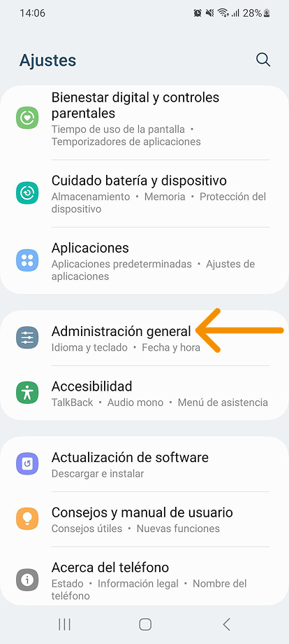 A screenshot showing the Android Settings menu with an arrow pointing at “General management,” signaling this coincides with Step 1.