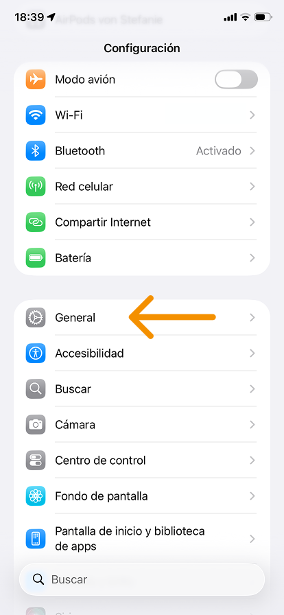 A screenshot showing the iOS Settings menu with an arrow pointing at “General,” signaling this coincides with Step 1.