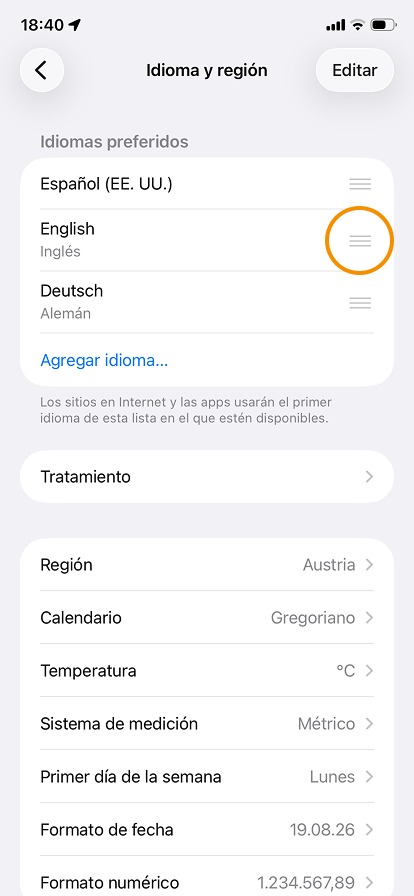 A screenshot of the “Idioma y región” menu shows “Idiomas preferidos” at the top of the screen.