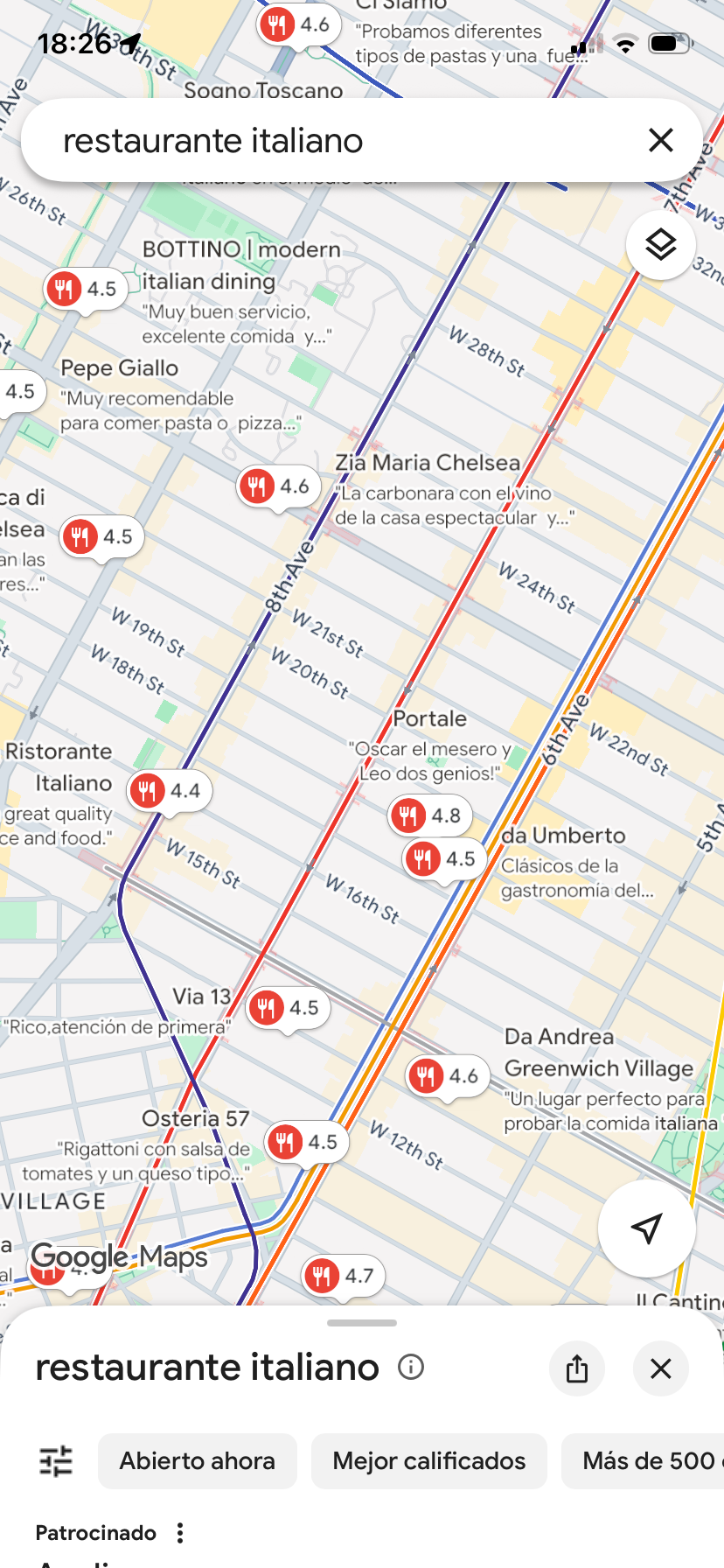 A screenshot of a map, in the search bar it says “restaurante italiano.” The map is in Spanish.