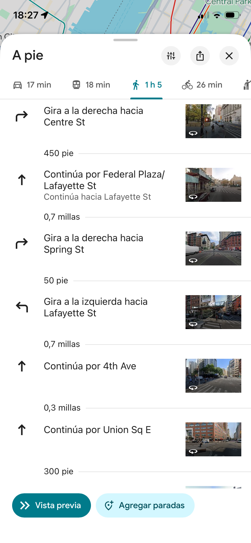 A list of directions to a place in the Google Maps UI. All instructions are in Spanish.